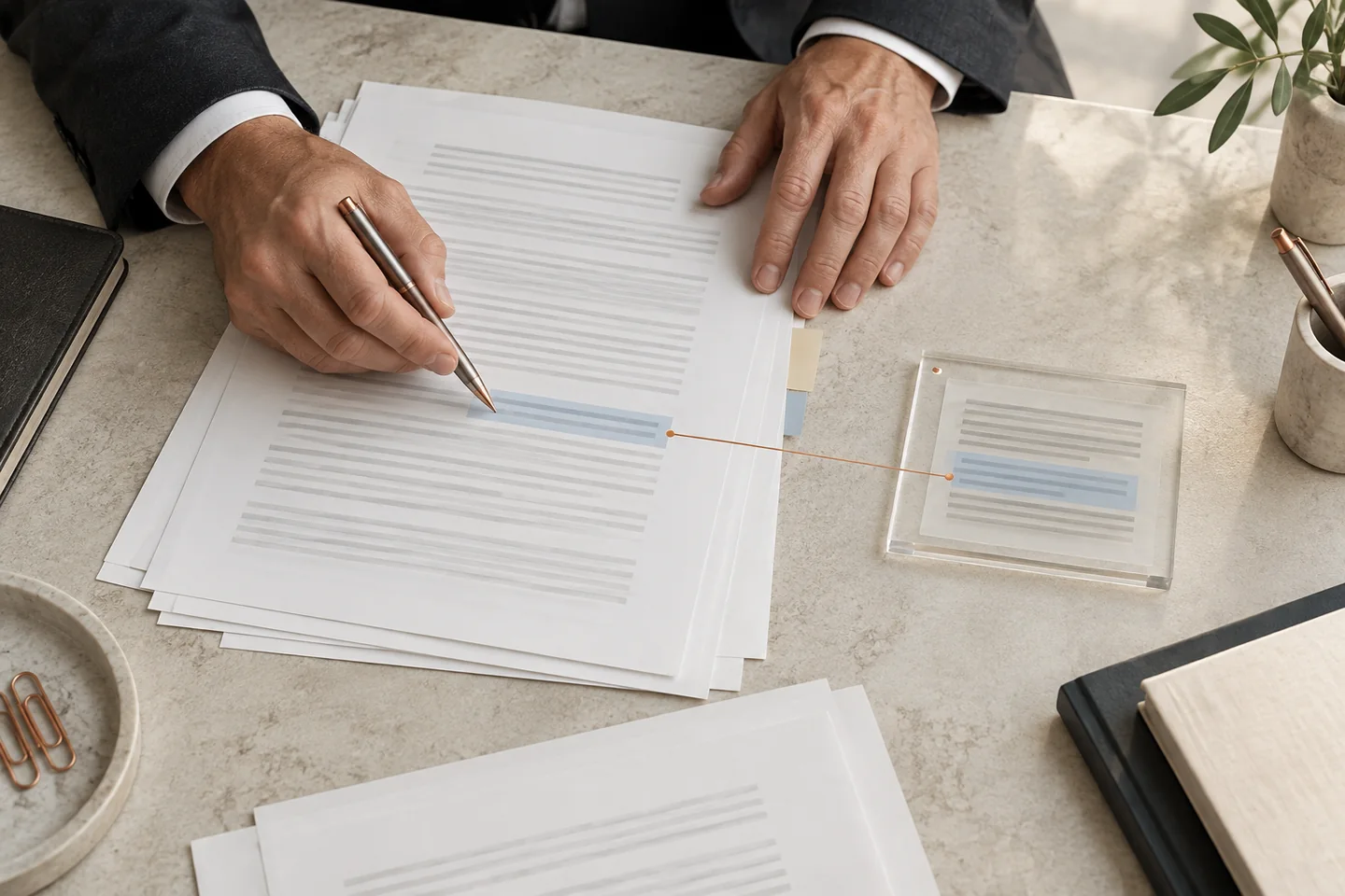 Hands reviewing a neutral document with a highlighted passage linked to an evidence tile / 강조된 문구와 근거 타일을 대조하며 중립적인 문서를 검토하는 손