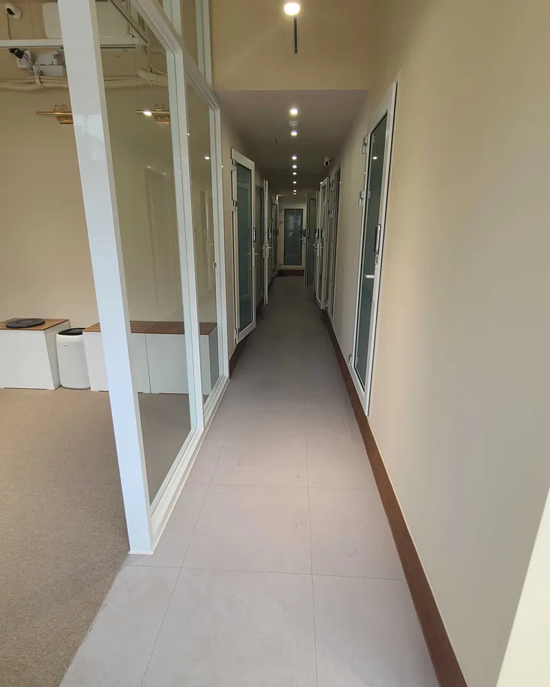 The corridor between practice rooms, lined with glass-paned doors / 유리창 문이 늘어선 연습실 복도
